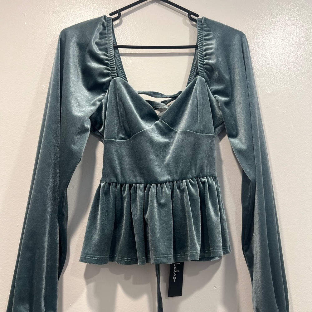 Lulu's Teal Velvet Long Sleeve Blouse